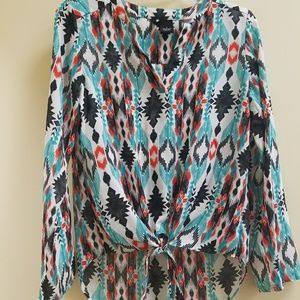 New Direction Size Small Teal Red Aztec blouse
